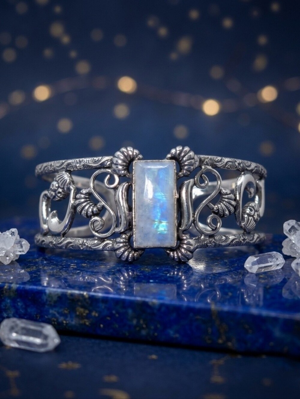925 Sterling Silver Rainbow Moonstone Filigree Cuff Bracelet Iridescent Bohemian - Picture 10 of 15